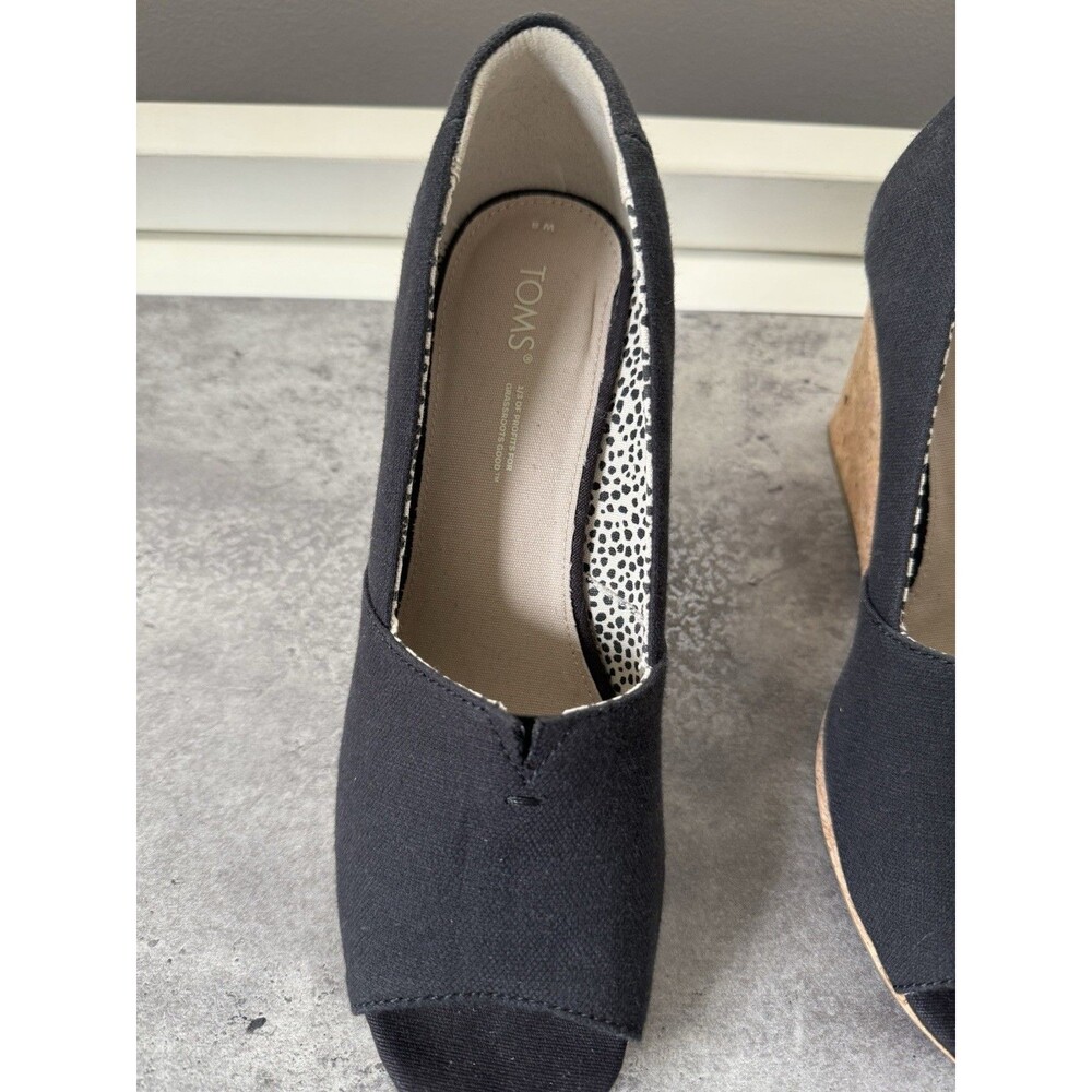 TOMS Women Black Cotton Peep-Toe Platform Cork Wedge  Heel US 8 M - Picture 10 of 11